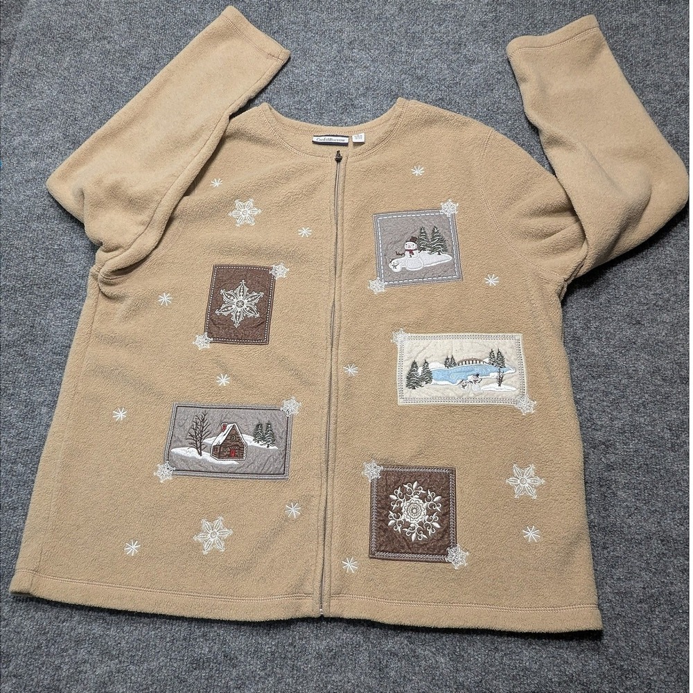 Croft & Barrow Womens XL Tan Fleece Full Zip Winter Snowman Cabin Jacket